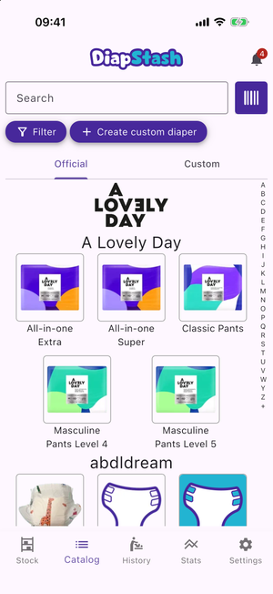 The catalog list with the Official and Custom tabs and brand groups