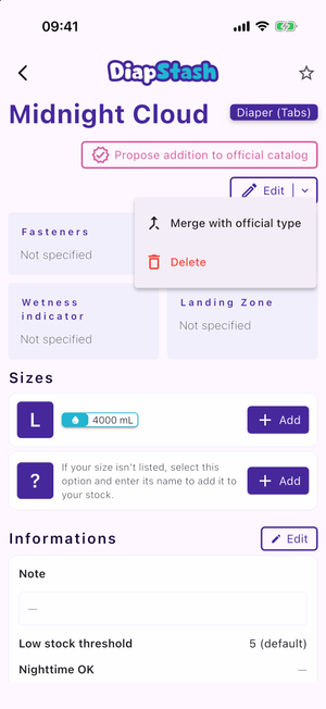 The Edit split button menu with Merge and Delete