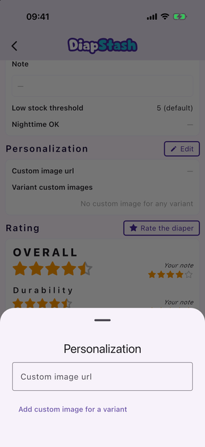 The Personalization edit sheet