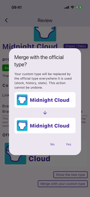 The "Merge with the official type?" confirmation dialog