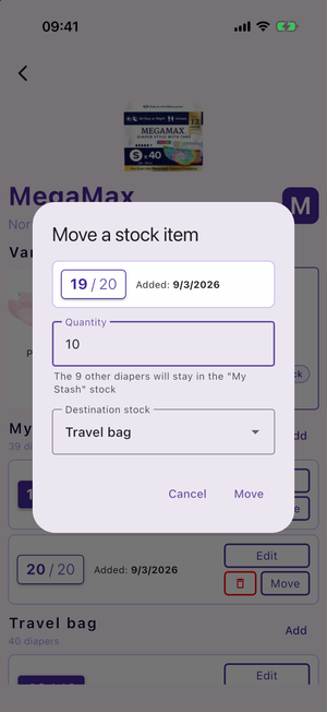Move a stock item with a partial quantity entered