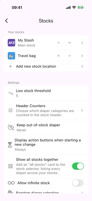The Your stocks list with the Add new stock location row
