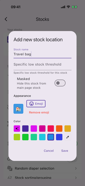 The stock dialog with the Appearance picker: emoji and colour