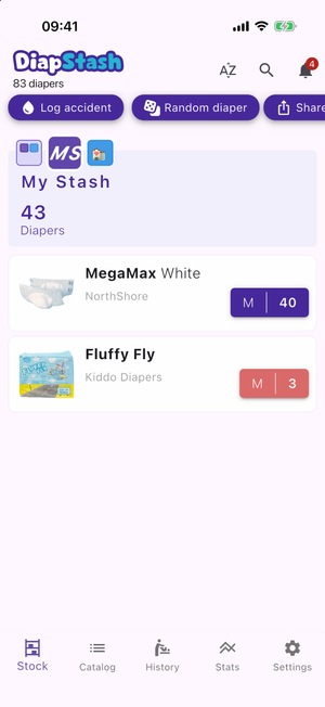 The Stock page, showing the stock selector, the header and the type cards