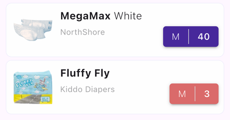 Two type cards with a purple size button and a red low-stock button